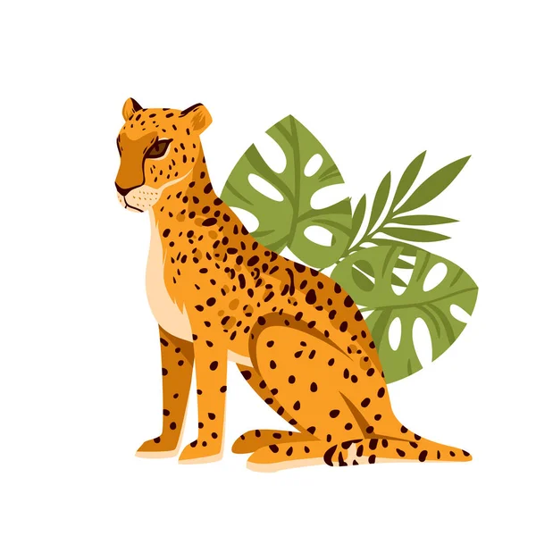 Leopard, African exotic wild big cat sitting among green tropical leaves of jungle — стоковий вектор