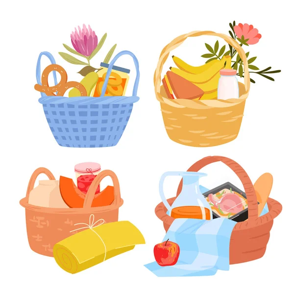 Baskets with food for family picnic set, hampers for dishes, wooden or wicker boxes — Vector de stock