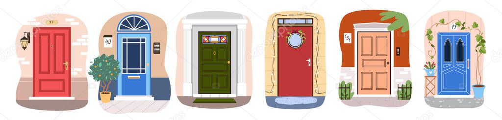 Doors to home apartment of different colors set, collection of doorways in wall of house