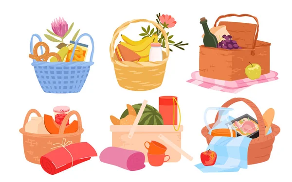 Set of various picnic baskets with foodstuff — Stockový vektor