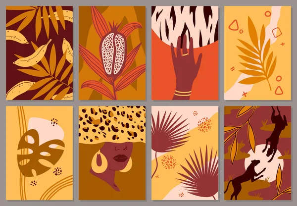 African jungle, animals in contemporary art, abstract silhouettes and female portrait — Vector de stock