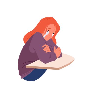 Genç üzgün kadın ağlıyor, kız öğrenci masada tek başına ağlıyor, sorunu düşünüyor.