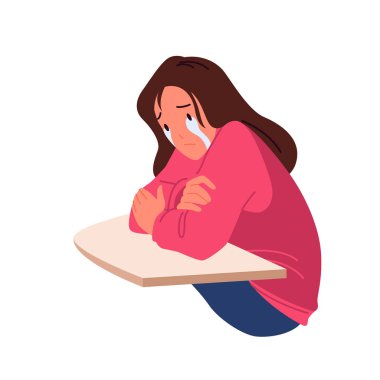 Mutsuz kız ağlıyor ve masada oturuyor.