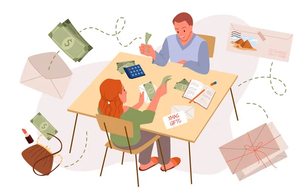 Personas que planean presupuesto familiar, hombre y mujer sentados a la mesa con calculadora, dinero — Archivo Imágenes Vectoriales