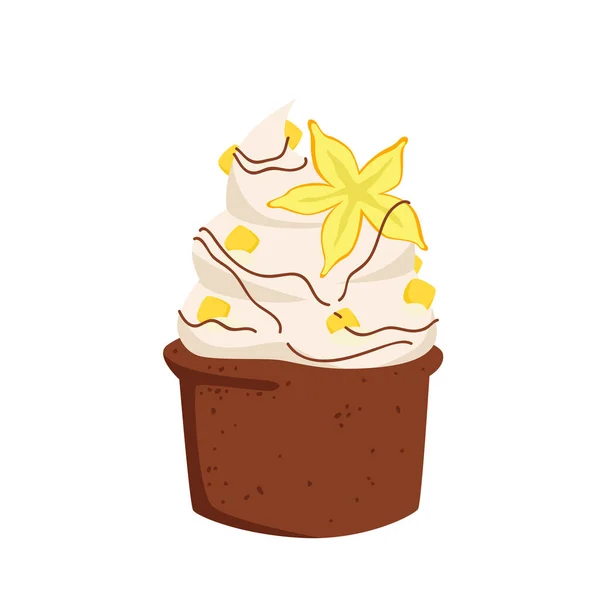 バニラミルククリーム、キャンディーとスターフルーツの装飾の渦とチョコレートカップケーキ — ストックベクタ