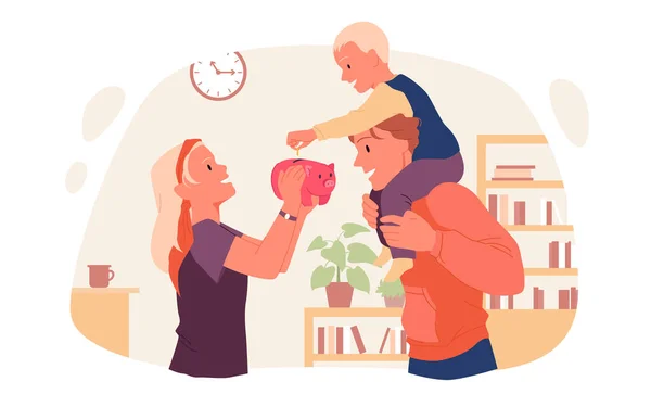Rodzina uczy dziecko oszczędzać pieniądze, syn wkłada monety w różowej świni zabawki w domu wnętrza — Wektor stockowy