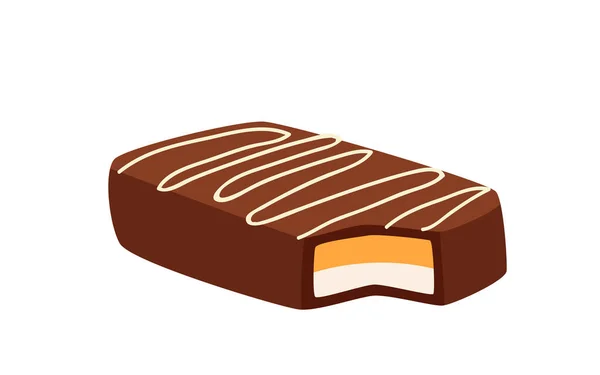 Słodki batonik kanapkowy z polewą czekoladową, karmelkiem i warstwami sufletu — Wektor stockowy