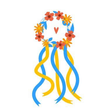 Ulusal renklerde kırmızı ve turuncu çiçeklerden ve kurdelelerden oluşan geleneksel Ukrayna çelengi