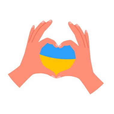 Ukrayna 'yı destekleyen, vatansever bir mesajı olan, kalp hareketi gösteren eller.
