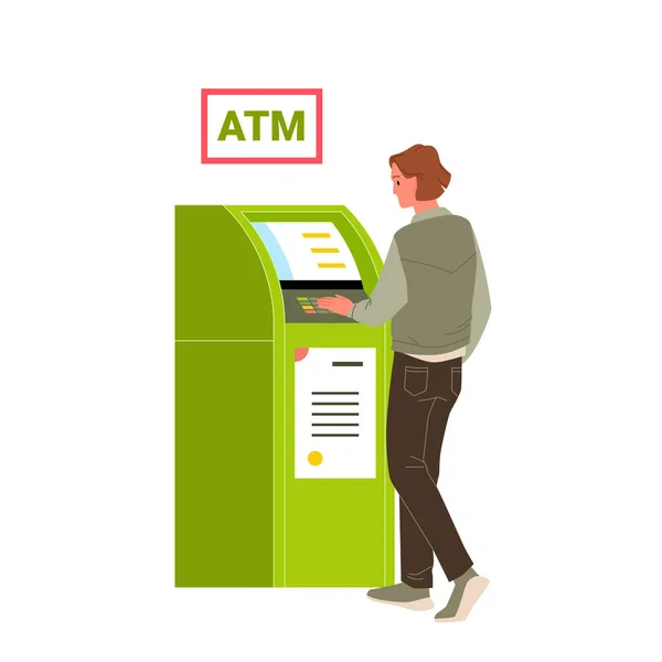 Facet w bankomacie próbuje wypłacić pieniądze. — Wektor stockowy