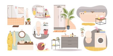 Banyo mobilyası ve ev ya da otel vektör çizimi için hijyenik ekipman ayarlandı. Çizgi film klozeti, duş ve lavabo, beyaza izole edilmiş hijyen için küvet. Ev ve iç mekan kavramı