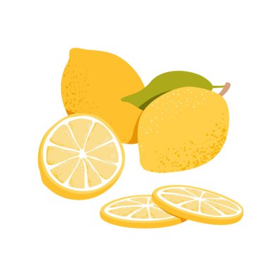 Tam limon ve ikiye bölünmüş. Dilimlenmiş ve doğranmış limon, meyve suyu ekşi narenciye, organik vejetaryen yiyecekler, limonata ve mojito içeceği malzemeleri, sitrik asit suyu illüstrasyonu