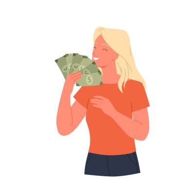 Dolarları tutan mutlu heyecanlı kız. Para gösteren memnun bir bayan, parası olan başarılı zengin bir kadın, iş kadını kişisel bütçesi, maaş ödeme günü vektör çizimi