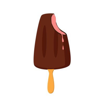Isırılmış çikolatalı dondurma. Eriyen meyveli dondurma, yaz tatlısı, lezzetli dondurulmuş yiyecek vanilya aromalı, lezzetli soğuk süt ürünleri, çocukluk ürün illüstrasyonu.