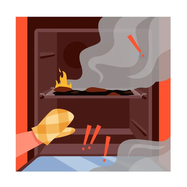 耐火性の手は 内部の火災や煙 キッチンベクトルイラストの事故でオープンオーブンのドアを開きます 手袋の漫画家燃焼トレイでクッキーを作る 焼きたての食品の背景 — ストックベクタ