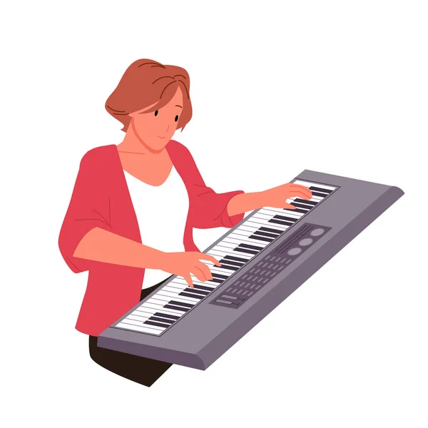 会弹奏电钢琴的女人卡通女钢琴家站在合成器旁弹奏旋律 天才音乐家在舞台上弹奏键盘 与白人隔离 — 图库矢量图片