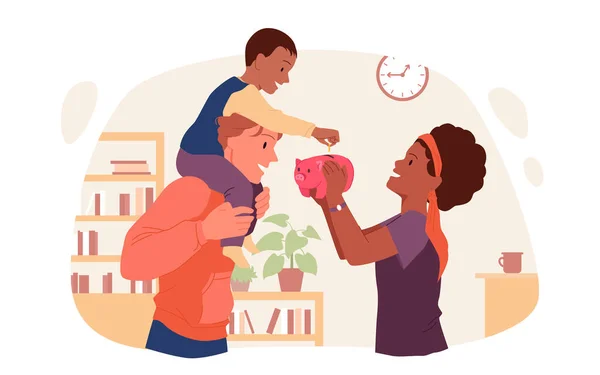 Šťastná Rodina Dává Peníze Prasátka Dětské Spořicí Mince Finanční Schránce — Stockový vektor