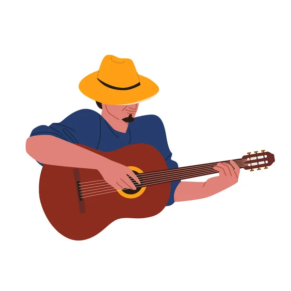 Mann Spielt Akustikgitarre Vektor Illustration Cartoon Männlichen Gitarristen Charakter Hut — Stockvektor