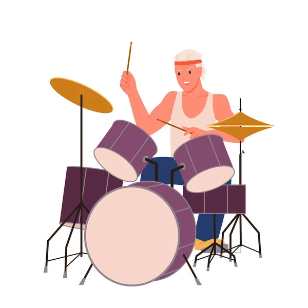 Tambor Masculino Sentado Tocando Batería Actuación Musical Palos Batería Kit — Archivo Imágenes Vectoriales