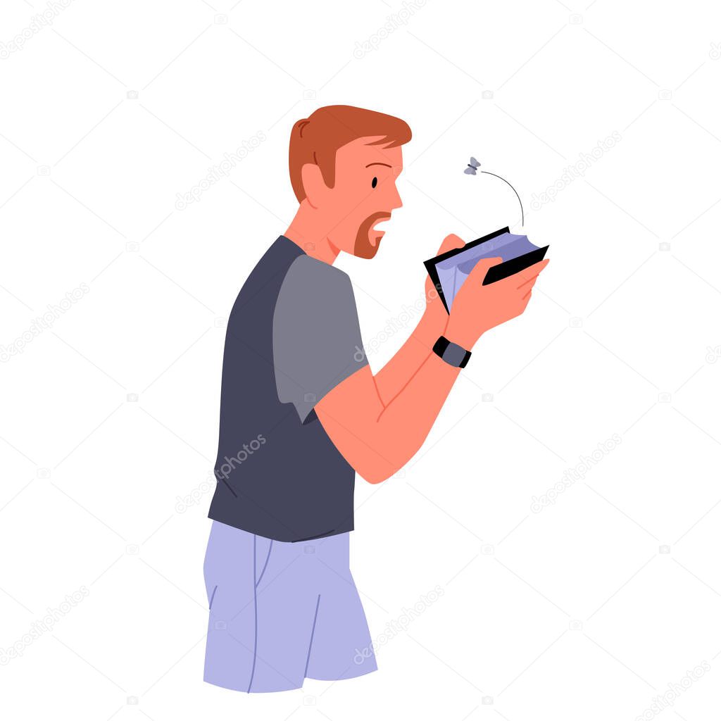 Worried man with lack of money. Male looking at empty wallet, personal financial problems and bankruptcy, economic crisis, no savings and investments capital vector illustration
