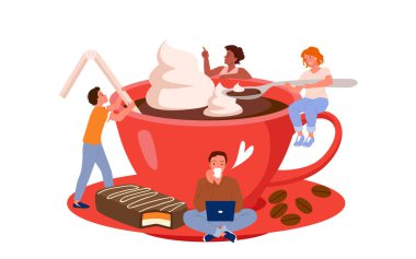 Kahve molası vektör çizimi. Çizgi filmdeki küçük erkek ve kadın karakterler içecek, kremalı kaşık tutan kız, dev bir fincan kahvenin üzerinde oturan bir grup arkadaş ve beyaz üzerine izole edilmiş tatlı.