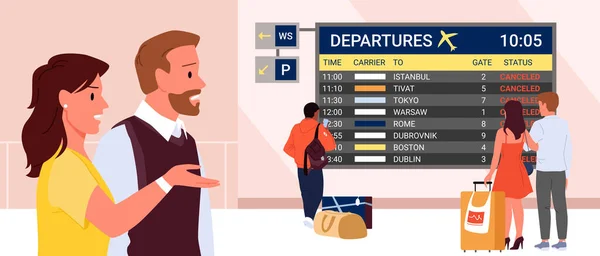 Vols Annulés Sur Écran Aéroport Départ Les Passagers Inquiets Déçus — Image vectorielle