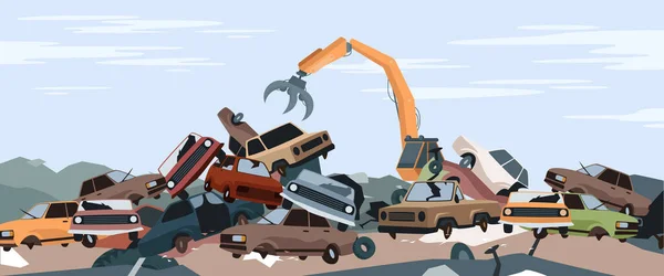 金属杭ベクトルイラストと車のダンプジャンクヤードの風景 漫画鋼クレーン作業 解体スクラップヤード古い壊れたと自動車の破砕部品 放棄された埋立地の背景 — ストックベクタ