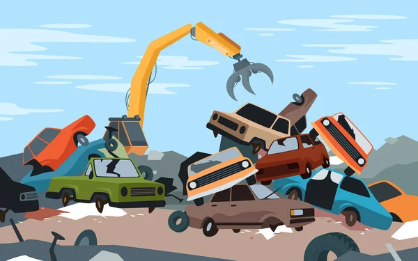 漫画鋼クレーンの作業は 古い壊れたと自動車の一部を粉砕スクラップヤードを解体し 埋立地の背景を放棄した 車のダンプ Junkyard — ストックベクタ