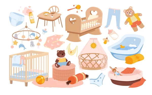 Neugeborene Möbel Und Kinderzimmer Interieur Kinderzimmer Kinderbett Und Plüschtiere Babydusche — Stockvektor