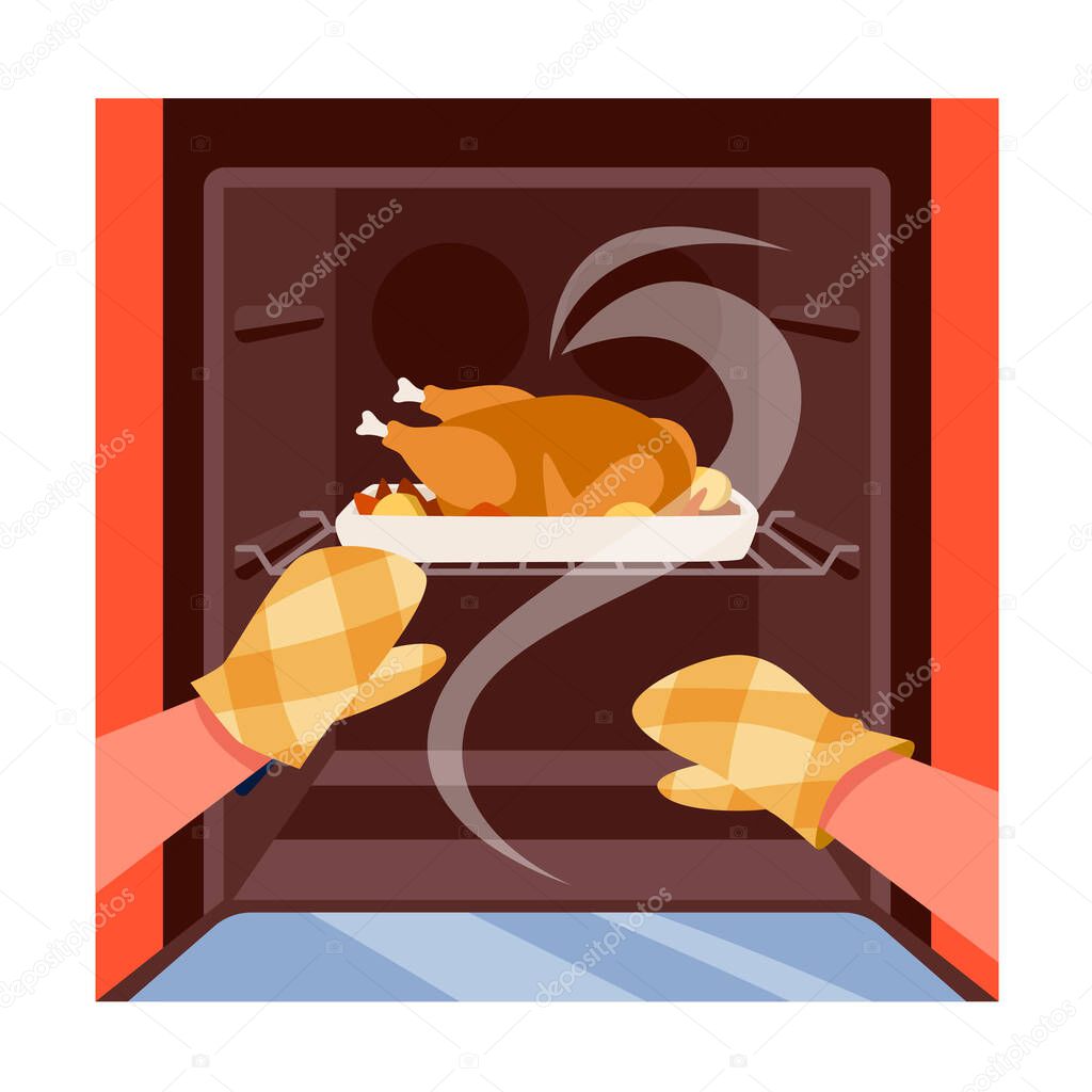 Hands in fireproof gloves open oven door vector illustration. Cartoon chef cooking roast chicken or turkey with potatoes on Thanksgiving dinner, grill meal inside electric kitchen equipment background