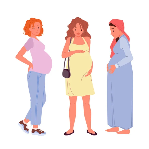 一组不同的孕妇 孕产期 产前护理 怀孕和孕产 妇女生活 养育子女和生育家庭 期待婴儿病媒说明 — 图库矢量图片