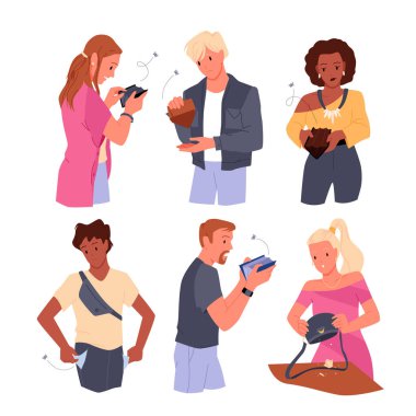 Beş parasız bir grup üzgün insan. Kişisel mali sorunlar, mali iflas, boş cüzdan ve cepler, tasarruf yok, dolar eksikliği, maaş tutma vektör çizelgesi