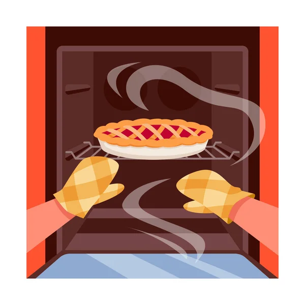 耐火手袋オープンオーブンドア キッチン機器のベクトルイラスト内蒸気と甘いパイで手 漫画のパン屋や料理人 菓子のレシピの背景を作る人をミトン — ストックベクタ