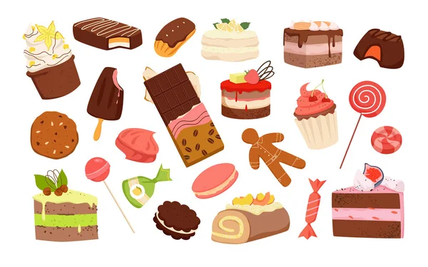 Sada Různých Lahodných Sladkostí Cukrářské Výrobky Koláče Sušenky Zmrzlina Čokoládová — Stockový vektor