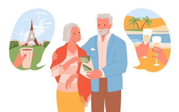 Old people saving money for future travel vacation vector illustration. Cartoon happy grandmother and grandfather holding envelope with currency to save and plan family budget isolated on white