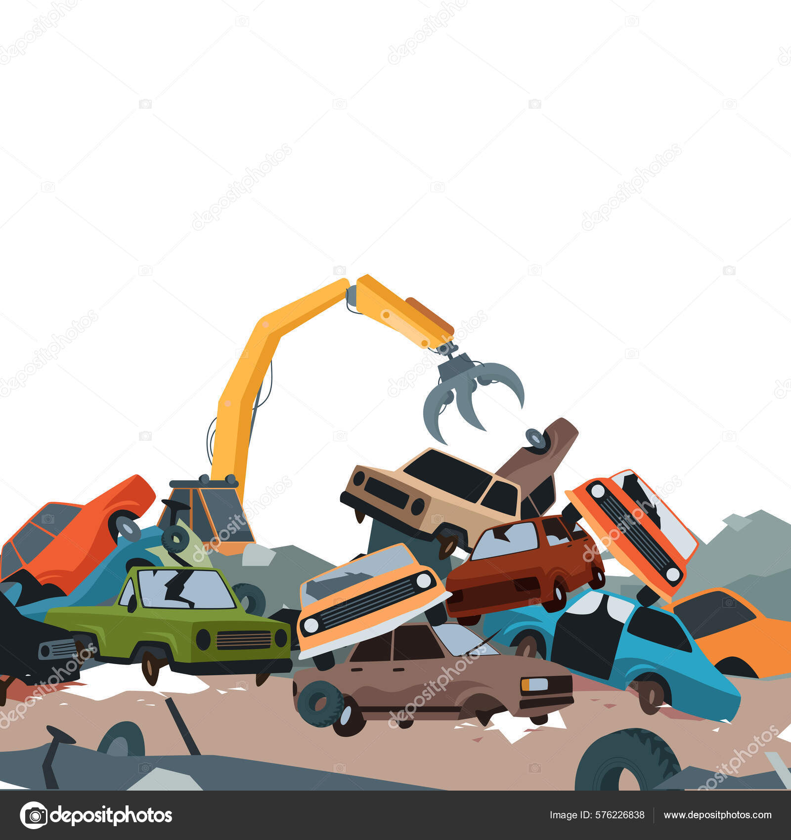 Car Dump Junkyard Landscape Metal Pile Cartoon Steel Crane Working