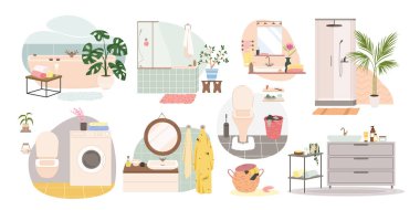 Banyo, WC aksesuarlar ve mobilya vektör çizimi. Çamaşır makinesi, lavabo ve duş, küvet ve aynalı karikatür koleksiyonu beyaza izole edilmiş. İç mekan, hijyen kavramı