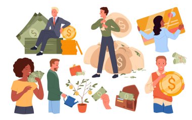 Parayla tatmin olmuş bir grup insan. Dolar sahibi, zengin işadamı, mali yatırım ve gelen kar, bozuk paralar ve dolar banknotları, tam cüzdan ve serveti torba vektörlerinde tutuyor.