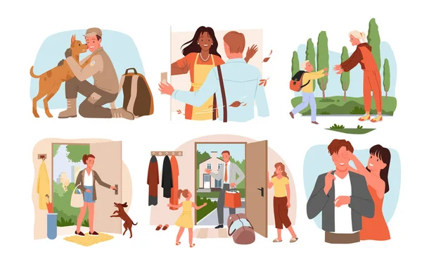 Ευτυχισμένοι Άνθρωποι Επιστρέφουν Σπίτι Που Διανυσματική Απεικόνιση Cartoon Άνθρωπος Και — Διανυσματικό Αρχείο