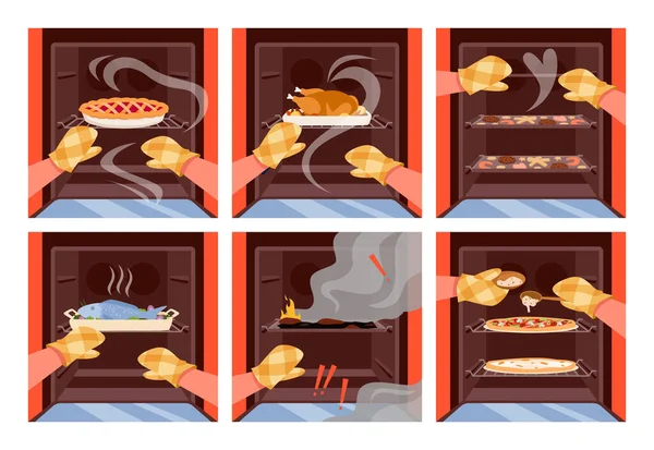 Különböző Sült Ételek Nyitott Sütőben Süteményt Sült Csirkét Házi Készítésű — Stock Vector