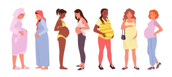 怀孕妇女设置了病媒说明 漫画中不同种族和不同怀孕的女性角色组合 未来的腹部母亲穿着休闲装 内裤被白色隔离 — 图库矢量图片