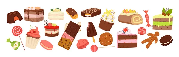 Dulces Dulces Pasteles Set Vector Ilustración Dibujos Animados Azúcar Merienda — Vector de stock