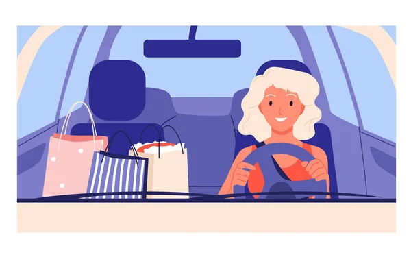 Κορίτσι Αυτοκίνητο Οδήγησης Θέα Μέσω Παρμπρίζ Διανυσματική Απεικόνιση Γελοιογραφία Γυναίκα — Διανυσματικό Αρχείο
