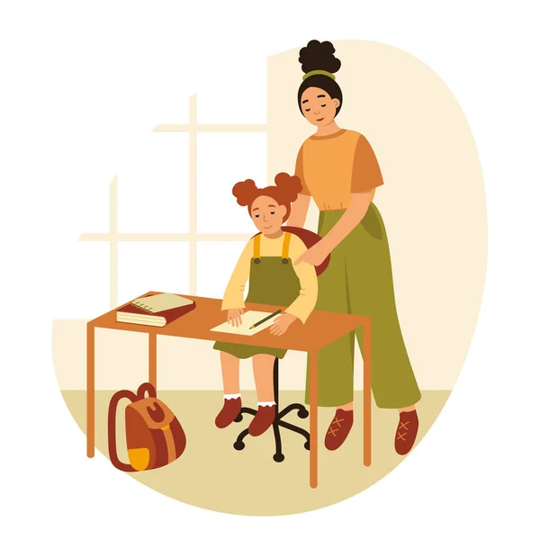 Mama Uczy Dziecko Ilustracji Wektora Domowego Kreskówkowy Uczeń Siedzący Przy — Wektor stockowy