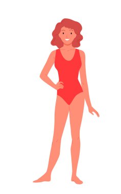 Kırmızı bikinili kız plaj vektör çiziminde duruyor. Çizgi film, mayo giymiş hoş bir kadını izole ediyor. Sıcak yaz güneşinin, denizin ve tatilin tadını çıkarıyor. Moda mayosuyla güneşlenen kadın turist karakteri.