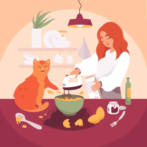 Fille Cuisine Maison Cuisine Chat Assis Sur Table Illustration Vectorielle — Image vectorielle