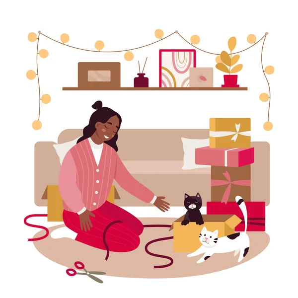 Menina Brincar Com Gatos Casa Sala Estar Com Presentes Natal —  Vetores de Stock
