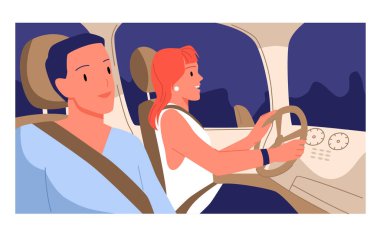 Emniyet kemeri takmış çift koltuklarda oturuyor, yan görüş vektör çizimi. Çizgi filmdeki mutlu kadın direksiyon tutuyor ve araba sürüyor. Neşeli adam pencere arkasına bakıyor.
