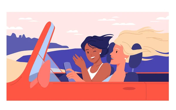 Chicas Felices Conduciendo Auto Descapotable Mujeres Mejores Amigas Viajando Con — Archivo Imágenes Vectoriales