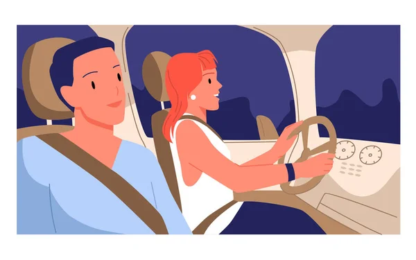 シートに車の中に座っている安全ベルトを持つカップル サイドビューベクトルイラスト 漫画幸せな女性がステアリングホイールを保持し 自動車を運転し 陽気な男は窓の背景を見て — ストックベクタ